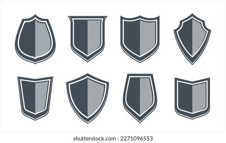 Juego de vectores de escudos clásicos, colección de emblemas de municiones, iconos de defensa y seguridad, elementos de diseño vacíos y en blanco.