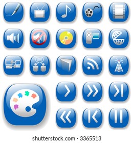 Classic shiny button icons. The blue Digital Art, Media, Communication collection. Drop shadows are simple 10-step blends, so you can edit the shadow background color to match your page's bkgrnd.