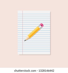 Classic shiny yellow vector pencil. Paper sheet