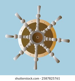 Classic ship wheel in a vintage style on a turquoise background. Ideal for nautical, pirate, or maritime-themed designs.