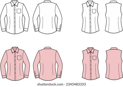 Classic shirt long and short sleeve. Office wear apparel design. Front and back. Women CAD mockup. Technical drawing template. Vector illustration.