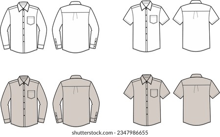 Camisa clásica de los hombres con manga larga y corta. Delante y atrás. CAD de moda. Ilustración vectorial.