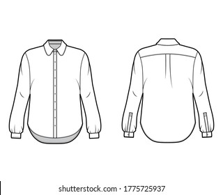 Classic shirt technical fashion illustration with button down front opening, round collar, long sleeves with cuff, oversized body. Flat apparel template front grey color. Women, men unisex CAD mockup