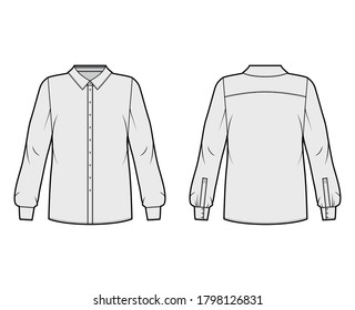 Classic shirt technical fashion illustration with basic collar with stand, long sleeves, oversized body, back round yoke. Flat apparel top template front, back grey color. Women men unisex blouse CAD