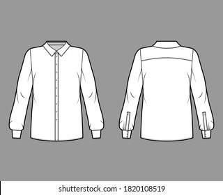 Classic shirt technical fashion illustration with basic collar with stand, long sleeves, oversized body, back round yoke. Flat apparel top template front, back white color. Women men unisex blouse CAD