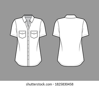 Classic shirt technical fashion illustration with angled pockets, short sleeves, relax fit, front button-fastening, regular collar. Flat apparel template front, back white color. Women men unisex top