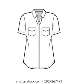 Classic shirt technical fashion illustration with angled pockets, short sleeves, relax fit, front button-fastening, regular collar. Flat apparel template front, white color. Women men unisex top CAD