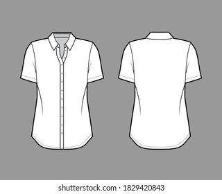 Classic shirt technical fashion illustration with short sleeves, relax fit, front button-fastening, regular collar. Flat apparel template front, back white color. Women men unisex top  mockup 