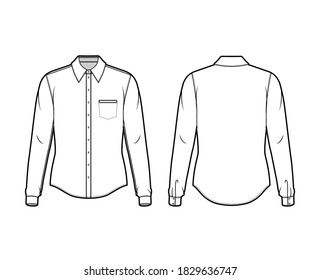 Classic Shirt Technical Fashion Illustration With Long Cuff Sleeves, Front Button-fastening, Point Collar, Welt Pocket. Flat Apparel Template Front Back White Color. Women Men Unisex Top CAD Mockup