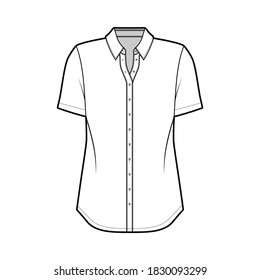 Classic shirt technical fashion illustration with short sleeves, relax fit, front button-fastening, regular collar. Flat apparel template front, white color. Women men unisex top CAD mockup 