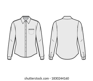 Classic shirt technical fashion illustration with long sleeve with cuff, front button-fastening, point collar, welt pocket. Flat apparel template front back grey color. Women men unisex top CAD mockup