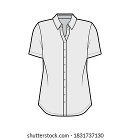 Classic shirt technical fashion illustration with short sleeves, relax fit, front button-fastening, regular collar. Flat apparel template front, grey color. Women men unisex top CAD mockup 