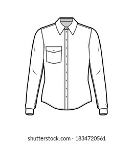 Classic shirt technical fashion illustration with long sleeve with cuff, front button-fastening, angled flap pocket, back rounded yoke. Flat template front white color. Women men unisex top CAD mockup