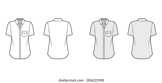 Classic shirt technical fashion illustration with angled pocket, short sleeves, relax fit, front button-fastening, regular collar. Flat template front, back white, grey color. Women men unisex top CAD