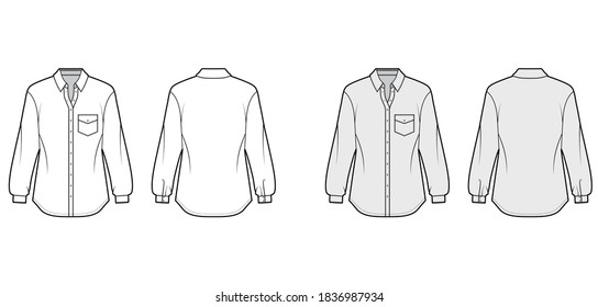 Classic shirt technical fashion illustration with angled pocket, long sleeves, relax fit, front button-fastening, regular collar. Flat template front, back white, grey color. Women men unisex top CAD