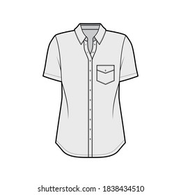 Classic shirt technical fashion illustration with angled pocket, short sleeves, relax fit, front button-fastening, regular collar. Flat apparel template front, grey color. Women men unisex top CAD