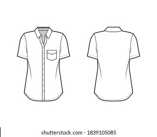 Classic shirt technical fashion illustration with angled pocket, short sleeves, relax fit, front button-fastening, regular collar. Flat apparel template front, back white color. Women men unisex top
