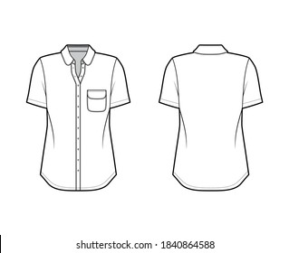 Classic shirt technical fashion illustration with rounded pocket and collar, short sleeves, relax fit, front button-fastening. Flat apparel template front, back white color. Women