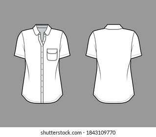 Classic shirt technical fashion illustration with rounded pocket and collar, short sleeves, relax fit, front button-fastening. Flat apparel template front, back white color. Women men unisex top CAD