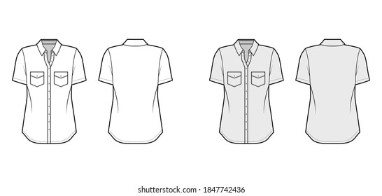 Classic shirt technical fashion illustration with angled pockets, short sleeves, relax fit, front button-fastening, regular collar. Flat template front, back white grey color. Women men unisex top CAD