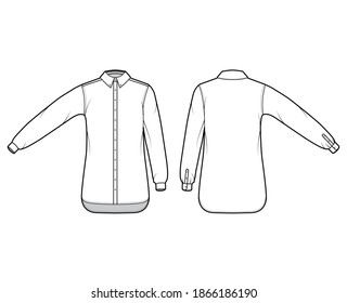 Classic shirt technical fashion illustration with straight long sleeves with cuff, relax fit, buttons, regular collar. Flat template front, back white color. Women men unisex top CAD mockup