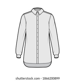 Classic shirt technical fashion illustration with long sleeves, relax fit, front button-fastening, regular collar. Flat apparel template front, grey color. Women men unisex top CAD mockup