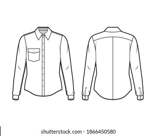 Classic shirt technical fashion illustration with long sleeve with cuff, front button-fastening, angled flap pocket, back rounded yoke. Flat template front white color. Women men unisex top CAD mockup