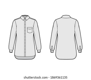 Classic shirt technical fashion illustration with angled pocket, long sleeves, relax fit, front button-fastening, regular collar. Flat template front, back, grey color. Women men unisex top CAD