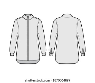 Classic shirt technical fashion illustration with long sleeves, relax fit, front button-fastening, regular collar. Flat apparel template front, back, grey color. Women men unisex top CAD mockup