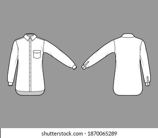 Classic shirt technical fashion illustration with angled pocket, straight long sleeves, relax fit, buttons, regular collar. Flat template front, back white color. Women men unisex top CAD mockup