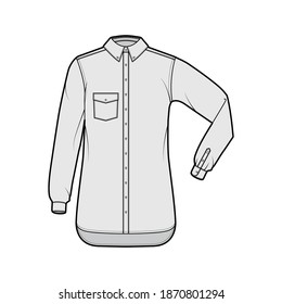 Classic shirt technical fashion illustration with angled pocket, elbow fold long sleeve, relax fit, buttons, regular collar. Flat template front, grey color. Women men unisex top CAD mockup