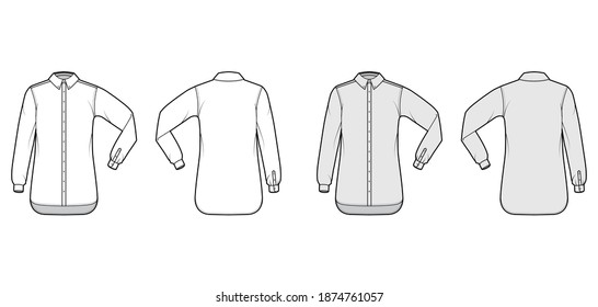 Classic shirt technical fashion illustration with elbow fold long sleeve, relax fit, buttons fastening, regular collar. Flat template front, back white grey color. Women men unisex top CAD mockup
