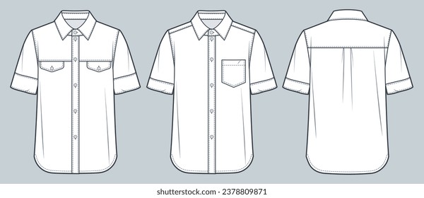 Classic Shirt technical fashion Illustration. Short sleeve Shirt fashion flat technical drawing template, button down, relaxed fit, front and back view, white, women, men, unisex CAD mockup set.