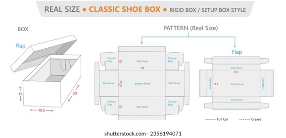 Classic Shoe Box - Rigid Box in Real Size With Pattern Printing Outline. Vector illustration isolated on white background, eps svg