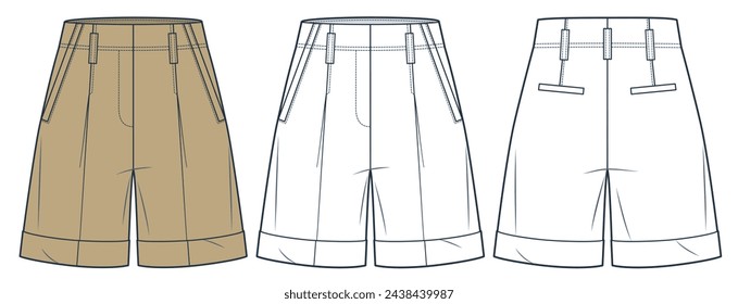 Classic Shorts technical fashion illustration, striped design. Cuff Short Pants fashion flat technical drawing template, high waist,  front, back view, white, beige, women, men, unisex CAD mockup set.