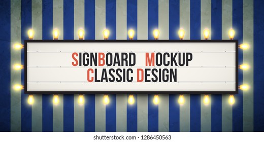 Classic Sign Board With Changeable Letters On Grunge Background. Traditional Theater Readograph Sign. Cinema Sign With Amber Fairground Lights. Marquee Sign With Bulbs.