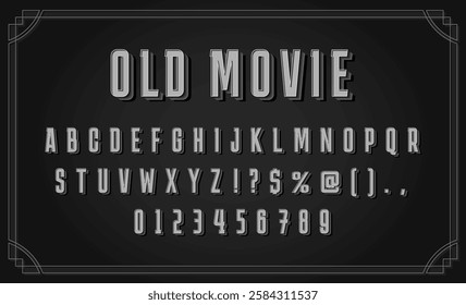 Classic silent film typeface. Old movie font, noir cinema alphabet letters with 3D extrude effect. Intertitle typography for vintage cinematic monochrome titles vector set.