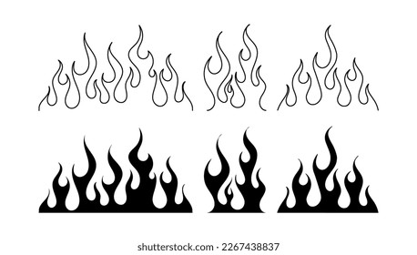 Classic silhouette flame. Black fire set isolated on white background. Old school tattoo neo-tribal style or silhouette flame for cars. Minimalistic stylish fire outline and filled contour. Vector set