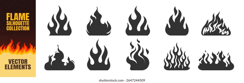 Chama de silhueta clássica ou conjunto de fogo, coleção de ornamentos de tatuagem tribal, chamas de fogo ícones vetoriais e clipart, modelo de borda quadro Wildfire, em fundo transparente
