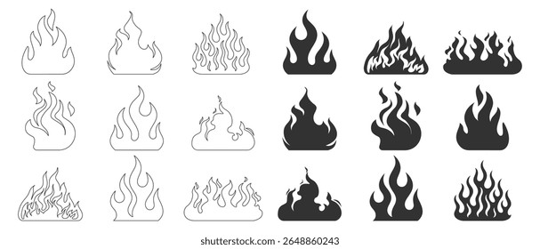 Chama de silhueta clássica ou conjunto de fogo, coleção de ornamentos de tatuagem tribal, chamas de fogo ícones vetoriais e clipart, modelo de borda quadro Wildfire, em fundo transparente