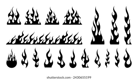 Classic silhouette flame, old school style. Black fire set isolated on white background. Old school and retro tattoo, neo-tribal style. Minimalist stylish fire. Vector graphic blaze collection.