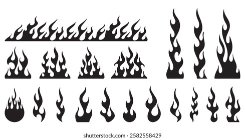 Classic silhouette flame, old school style. Black fire set isolated on white background. Old school and retro tattoo, neo-tribal style. Minimalist stylish fire. Vector graphic blaze collection. eps