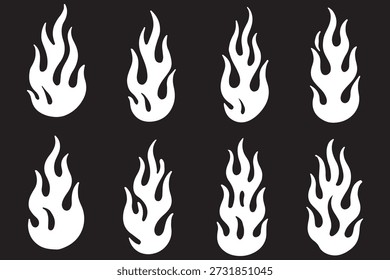 Llama de silueta clásica, estilo de la vieja escuela. Conjunto de fuego negro aislado sobre fondo blanco. Tatuaje de la vieja escuela y retro, estilo neo-tribal. Fuego con estilo minimalista. Vector gráfico blaze colección.