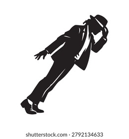 Classic silhouette of a man performing a dynamic moonwalk pose with arms outstretched and head down, dressed in a suit and hat.