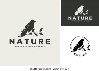 Classic Silhouette of Pigeon Dove Bird on Tree Branch for Nature Wildlife Vintage Label logo design