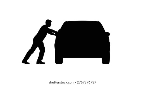 A classic silhouette portrays a man forcefully pushing a stalled car, emphasizing shape.