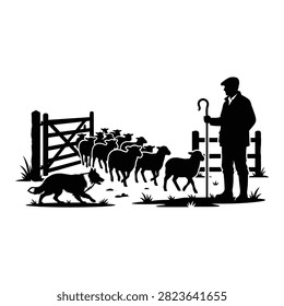 Classic silhouette of a shepherd, working with a border collie dog to herd sheep through a farm gate.