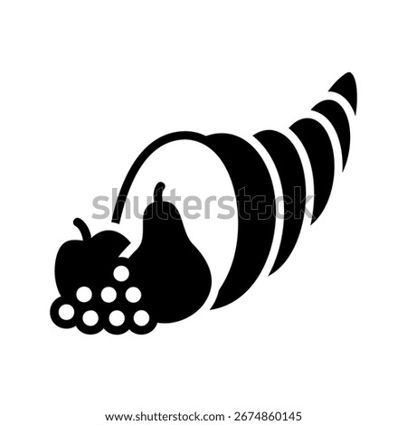 A classic silhouette vector icon of a cornucopia overflowing with fruits like grapes, an apple, and a pear, symbolizing autumn abundance, prosperity, and Thanksgiving