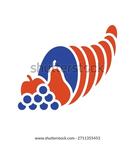 A classic silhouette vector icon of a cornucopia overflowing with fruits like grapes, an apple, and a pear, symbolizing autumn abundance, prosperity, and Thanksgiving