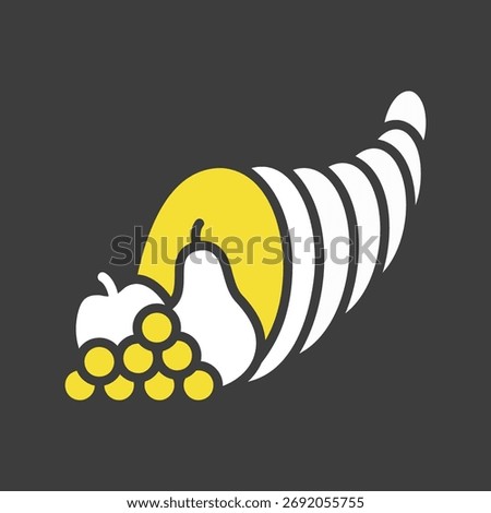 A classic silhouette vector on dark background icon of a cornucopia overflowing with fruits like grapes, an apple, and a pear, symbolizing autumn abundance, prosperity, and Thanksgiving